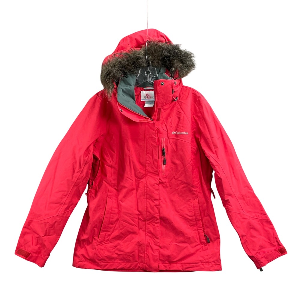 Columbia‎ Interchange Jacket Women Medium Red Faux Fur Hood Winter Coat Academia